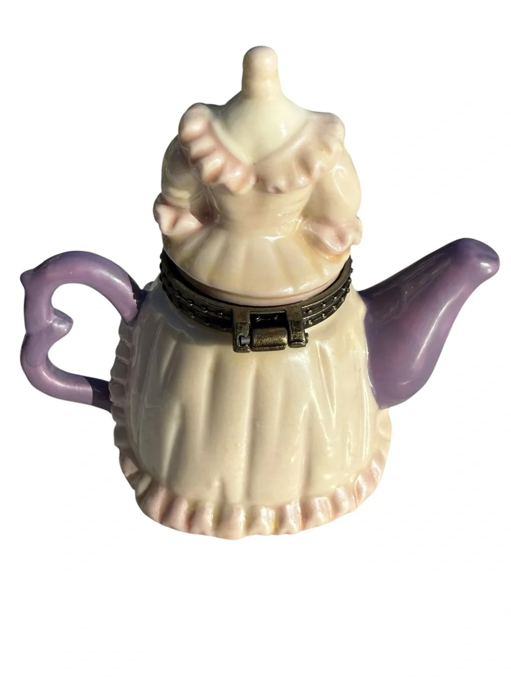 Vintage Dress Teapot Trinket Box Ceramic Hinged Jewelry Box Cottagecore Decor 3”